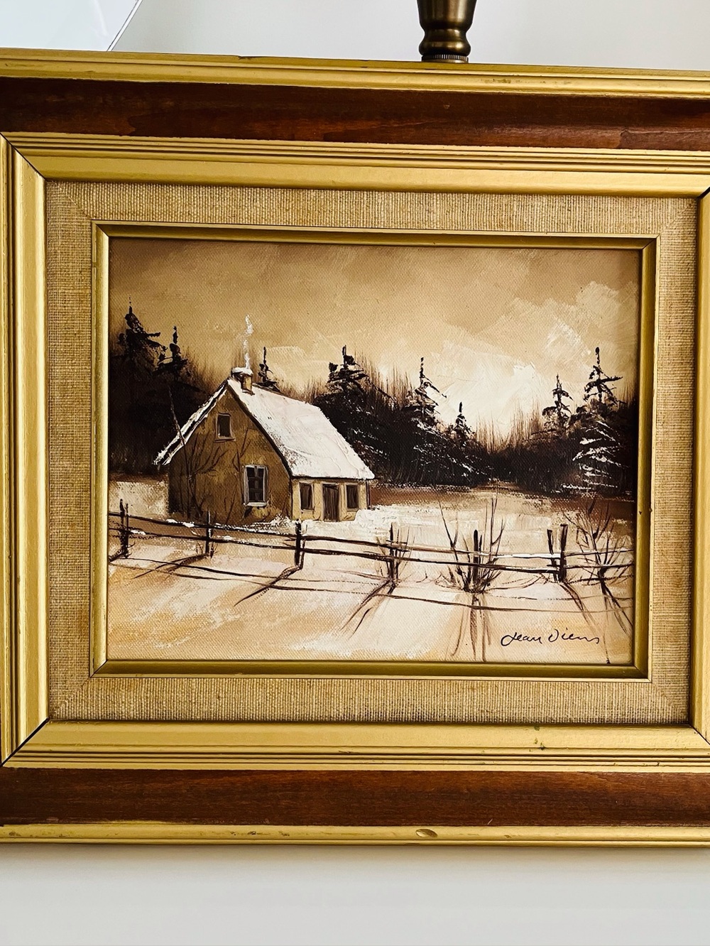 Jean Viens Vintage Winter Landscape Painting Signed Original Rustic Framed Art